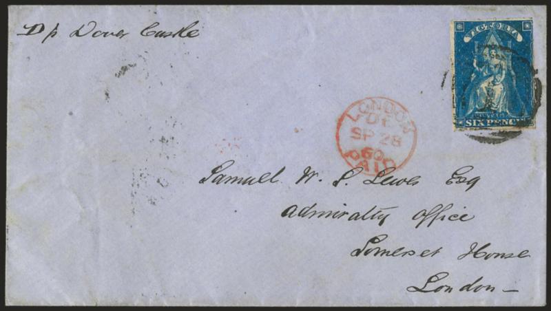 Dover Castle.> Endorsed <<p Dover Castle>> at top left of blue cover to London, bearing Victoria 6p tied  by 1 in barred oval, Melbourne JU 23, 1860 backstamp, red London arrival datestamp, Very Fine, the
<<Dover Castle> was built in 1858 in Su
