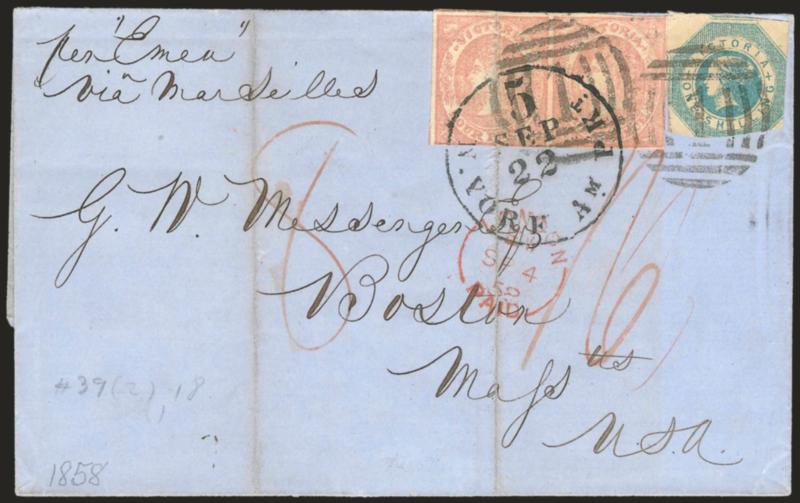 Emen.> Endorsed <<per Emen via Marseilles>> at top left of blue folded cover to Boston Mass., bearing Victoria 1sh and pair of 4p, margins to in, tied by 1 in barred oval and N. York Am. Pkt. 5 Sep. 22 circular
datestamp, light strike of red Sh