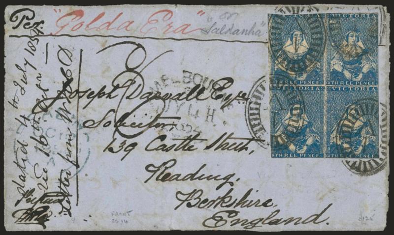 Golda Era.> Endorsement <<Per Golda Era>> at top left of cover front only to Berkshire, England, block of four of Victoria 3p, margins to in, tied by four 1V in ovals handstamps, Melbourne Victoria JY 4, 1854
datestamp, docketed at left where a