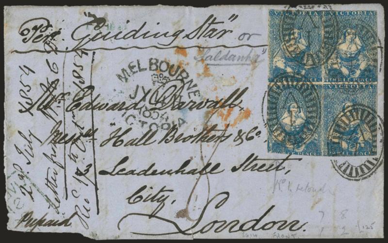 Guiding Star.> Endorsement <<Per Guiding Star>> on blue cover front only to London, bearing Victoria 3p block of four, margins to in and tied by 1V in ovals, Melbourne Victoria JY 4, 1854 datestamp, docketed at
left, some wear, still Fine, scar