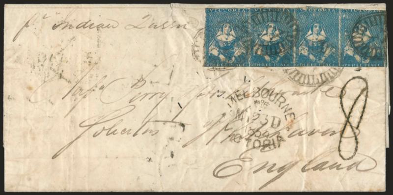 Indian Queen.> Endorsement <<pr Indian Queen>> at top left of 1854 folded letter to Whitehaven, England, bearing horizontal strip of four of Victoria 3p, margins to in, tied by 1V in ovals, Melbourne Victoria
MY 23, 1854 datestamp, ms. 8 rate