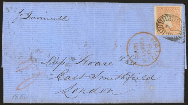 Invincible.> Endorsed <<pr Invincible>> at top left of blue folded letter to London, bearing Victoria 6p tied by 2V in oval handstamp, Geelong Victoria JA 24, 1856 and Melbourne backstamps, red London arrival
datestamp, Very Fine usage from the