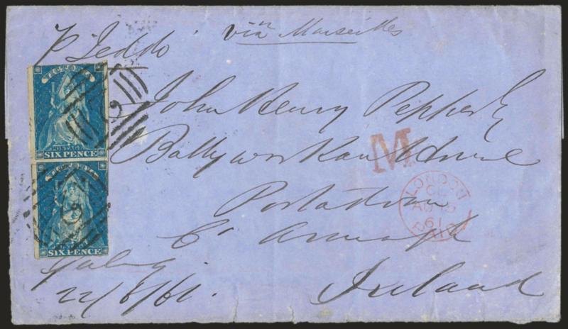 Jeddo.> Endorsed <<pr Jeddo>> at top left of blue folded cover to Ireland, also endorsed <<Via Marseilles>>, vertical pair of Victoria 6p rouletted tied by 2 in barred oval handstamps, small Geelong Victoria JU
25, 1861 backstamp, London tran