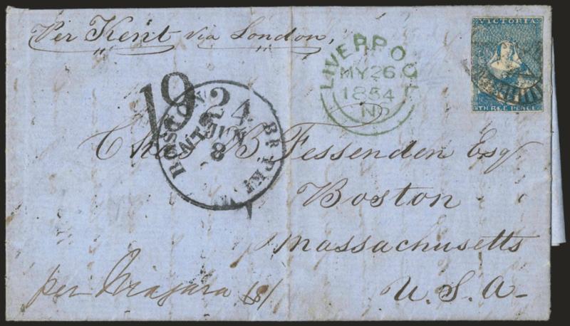Kent.> Endorsement <<Per Kent via London>> at top left of blue folded letter to Boston Mass., bearing Victoria 3p , margins to in and small nick at bottom, green Liverpool MY 26, 1854 circular datestamp, bold
19 due marking and Boston Br. Pkt.