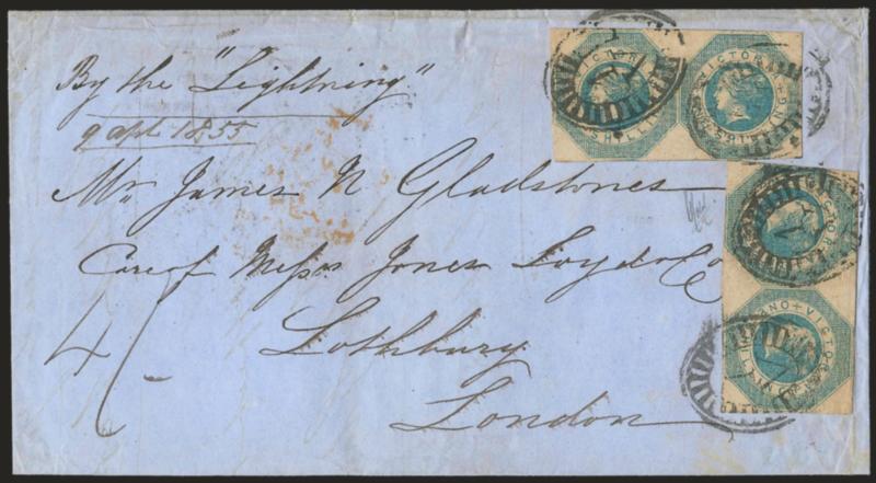 Lightning.> Endorsement <y the Lightning>> at top left of blue folded letter to London, two horizontal pairs of Victoria 1sh tied by 1V in ovals, Melbourne Victoria AP 10, 1855, Liverpool and receiving
backstamps, some slight wear, Very Fine,