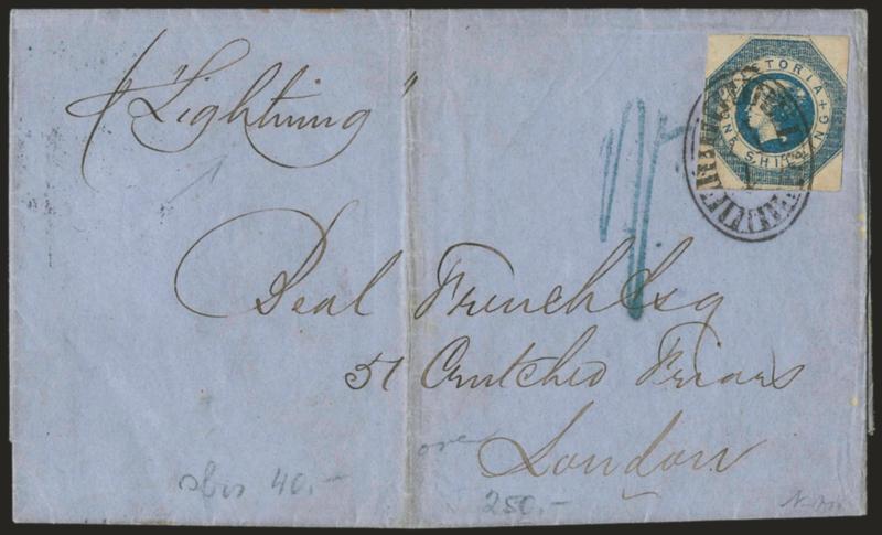 Lightning.> Endorsed <<p Lightning>> at top left of blue folded letter to London, bearing Victoria 1sh, large margins to in, tied by 1V in oval handstamp, Melbourne Victoria AP 10, 1855, Liverpool and receiving
backstamps, blue 1- handstamp,