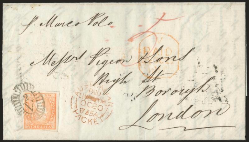 Marco Polo.> Endorsement <<pr Marco Polo>> at top left of folded letter to London, bearing Victoria 6p, large margins, tied by 2V in oval handstamp, Geelong Victoria JY 20, 1855 backstamp, transit and receiving
datestamps, ms. 5 rate, Very Fi