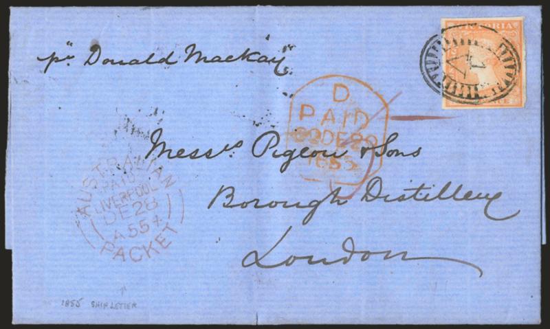 Donald Mackay.> Endorsed <<pr Donald Mackay>> at top left on blue folded letter to London, bearing Victoria 6p tied by 1V in oval, Melbourne Victoria SE 29, 1855 backstamp, Liverpool and arrival datestamps,
fresh and Very Fine