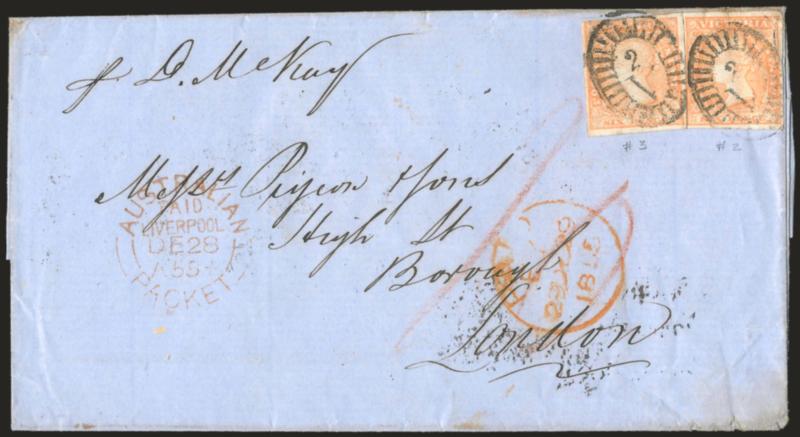 D. M. McKay.> Endorsement <<p D. M. McKay>> at top left of blue 1855 folded cover to London, bearing horizontal pair of Victoria 6p tied by 2V in barred ovals, Geelong Victoria SE 29 and Melbourne backstamps,
red Australian Packet, Liverpool,