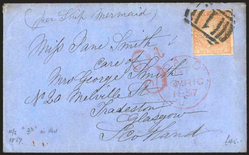Mermaid.> Endorsement <<per ship Mermaid>> at top left of blue cover to Glasgow, Scotland, bearing Victoria 6p tied by 1 in barred oval, Melbourne, Victoria DE 15, 1856 and receiving backstamps, red 3d credit,
Very Fine