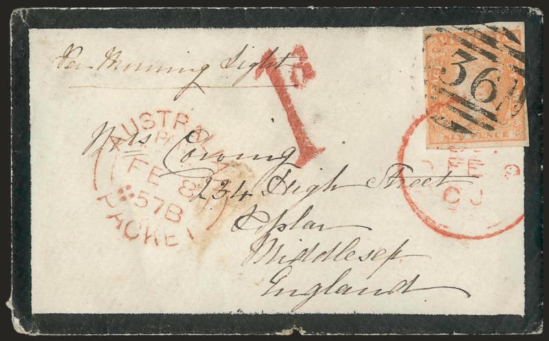 Morning Light.> Endorsed <<Per Morning Light>> at top left of mourning cover to Middlesex, England, Victoria 6p tied by 36 in barred oval handstamp, Duneed Victoria NO 10, 1856 and Melbourne backstamps, stamp
also tied by red receiving datestam