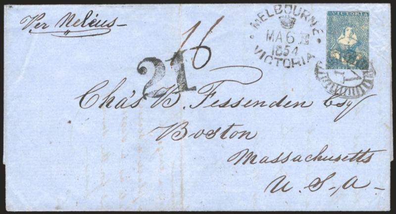 Neleus.> Endorsed <<Per Neleus>> on blue folded letter to Boston Mass., bearing Victoria 3p, margins in and tied by 1V in oval, Melbourne Victoria MA 6, 1854 datestamp, London and Boston backstamps, bold 21 due
marking, vertical file fold wel