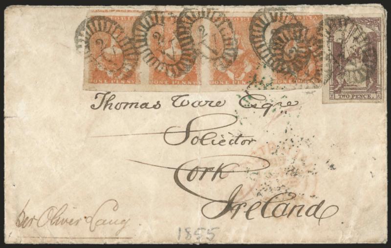 Oliver Lang.> Endorsement <<per Oliver Lang>> at bottom left of cover to Cork, Ireland, bearing horizontal strip of four of Victoria 1p and single 2p tied by 2V in oval, Geelong Victoria AU 20, 1855, Melbourne
and receiving backstamps, stamps w