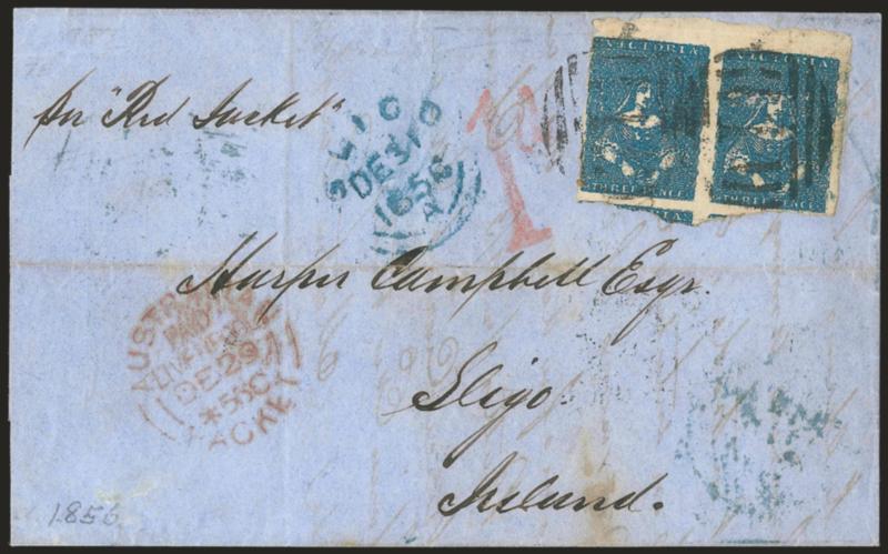 Red Jacket.> Endorsement <<per Red Jacket>> at top left, bearing pair of Victoria 3d, stone D, right stamp with white flaws in stone, large margins to just in, tied by 1 in barred oval handstamp on blue 1855
folded letter to Sligo, Ireland, red 