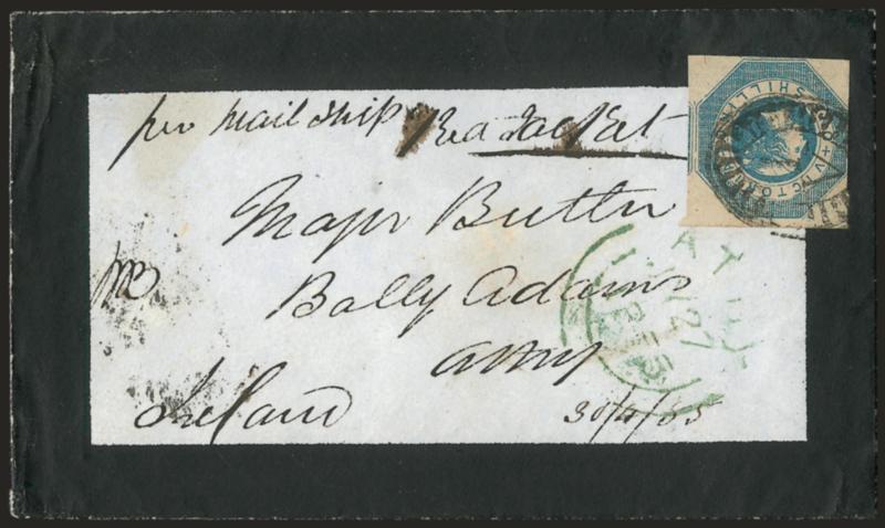 Red Jacket.> Endorsement <<per mail ship Red Jacket>> at top of cover with wide mourning border to Athy, Ireland, bearing Victoria 1sh tied by 1v in oval, Melbourne Victoria MY 1, 1855 and Liverpool backstamps,
receiving circular datestamp, Very