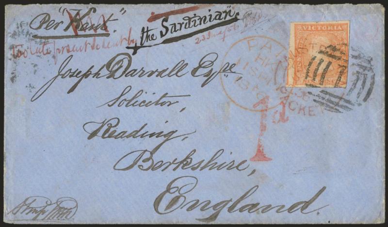 The Sardinian.> Blue cover originally endorsed <<per Kent>>, crossed out in magenta and with <<too late ? to be sent by the Sardinian 23 July 1856>> and signed, bearing Victoria 6p tied by 1 in barred oval as
well as Australian Packet Liverpoo