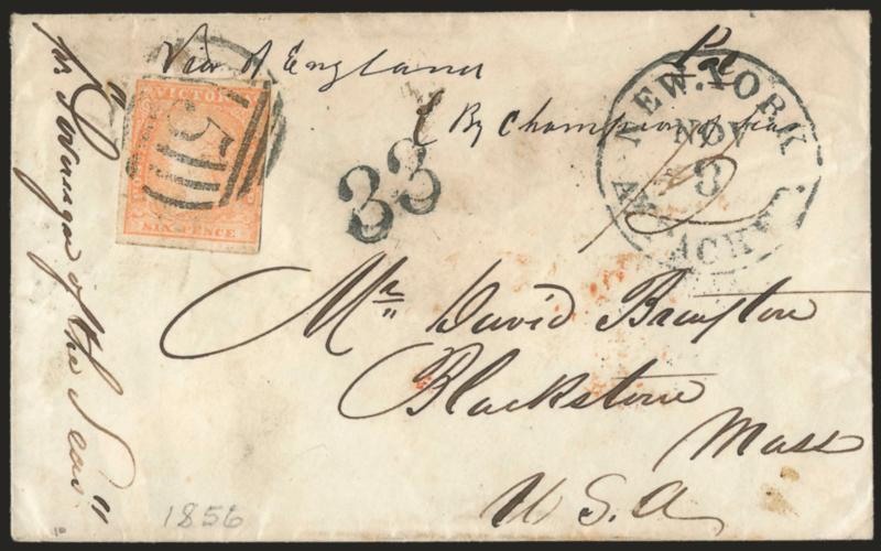 Sovereign of the Seas.> Endorsement at left <<pr Sovereign of the Seas>> on cover to Blackstown Mass., Victoria 6p tied by 5 in barred oval, Ballarat Victoria July 10, 1856, Melbourne Victoria JY 12 and transit
backstamps, neat 33 due marki