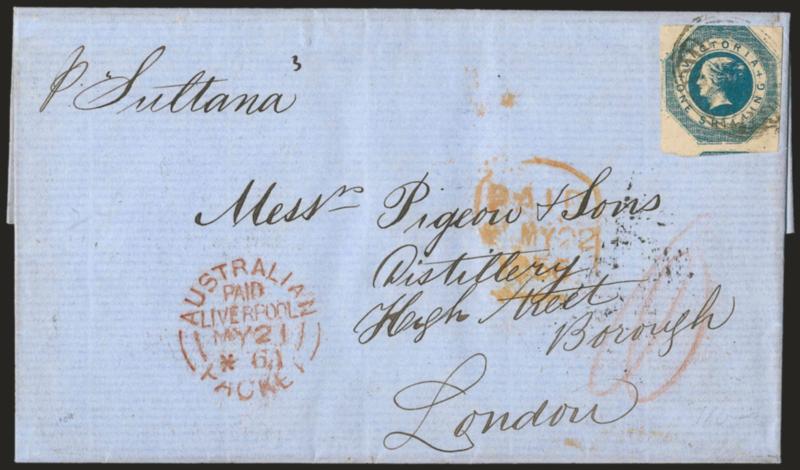 Sultana.> Endorsed <<p Sultana>> at top left of blue folded letter to London, bearing Victoria 1sh tied by indistinct oval, Geelong Victoria FE 8 and 1856 Melbourne backstamps, Liverpool and arrival datestamps,
fresh and Very Fine, the <<Sultana>>