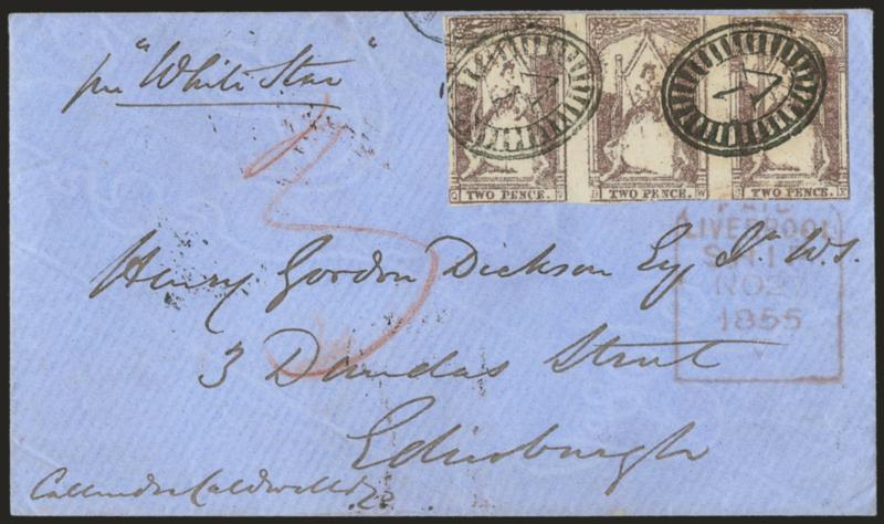 White Star.> Endorsed <<per White Star>> at top left of blue cover to Edinburgh, bearing horizontal strip of three of 2p, margins to in, tied by 1V in oval handstamps, Melbourne Victoria AU 29, 1855 and transit
backstamps, Liverpool transit als