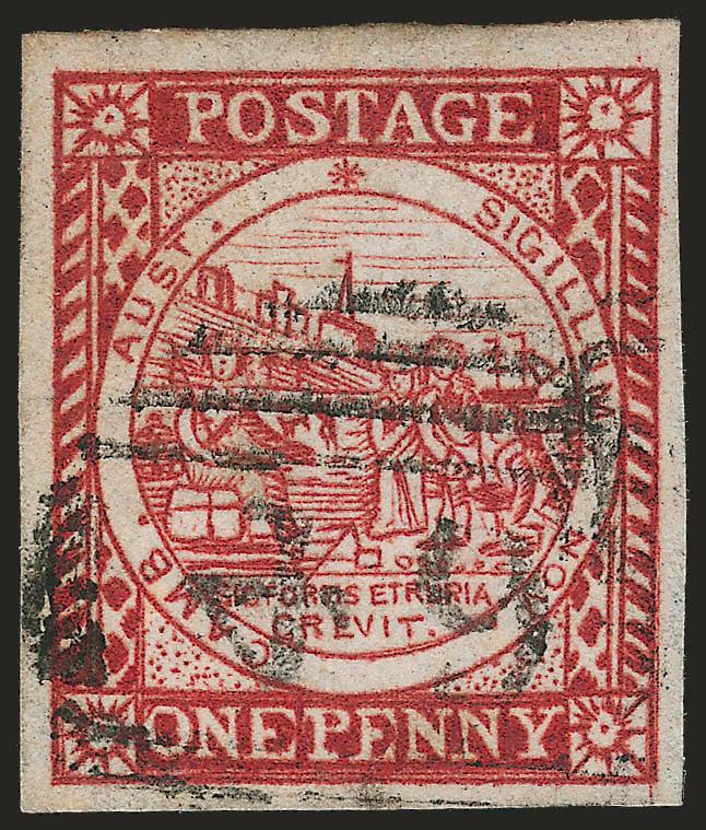 NEW SOUTH WALES, 1850, 1p Carmine Red on Yellowish Laid (2b SG 14).> Large and even margins all around, deep rich color, neat strike of numeral in grid cancel, fresh and Very Fine, SG £475