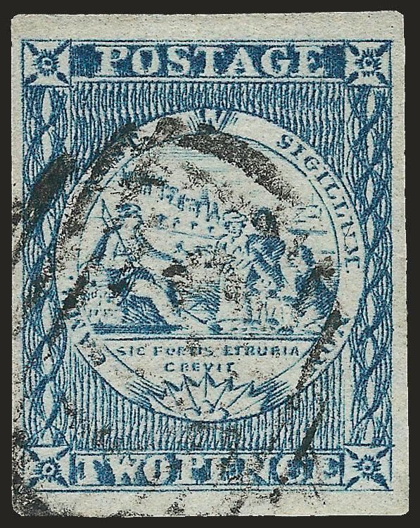 NEW SOUTH WALES, 1850, 2p Gray Blue on Yellowish Wove (3b SG 16b).> Plate 1, Position 16, large margins to full, detailed impression, neat strike of numeral in grid cancel, Very Fine, signed in pencil and small
backstamp, SG £300