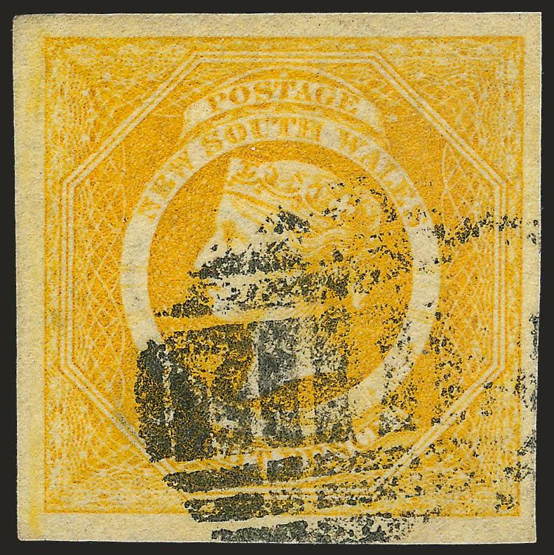 NEW SOUTH WALES, 1855, 8p Golden Yellow (30 SG 98).> Large and even margins, radiant color as fresh as the day it was printed, bold strike of grid cancel, light diagonal crease at bottom left, Very Fine
appearance, signed Diena, SG £1,300