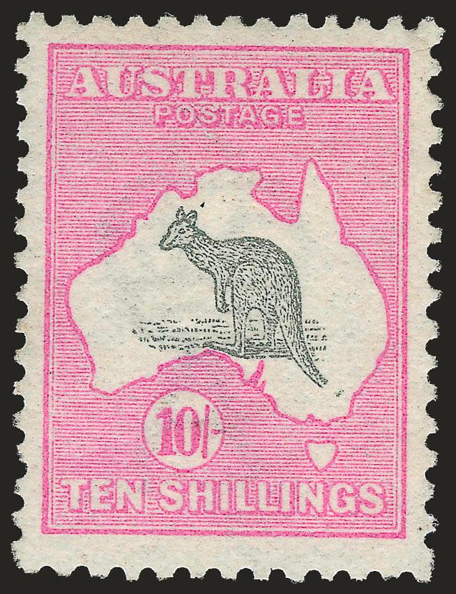 AUSTRALIA, 1913, 10sh Kangaroo (13 SG 14).> Single h.r., bright colors, wide margins, Very Fine and choice, SG £650