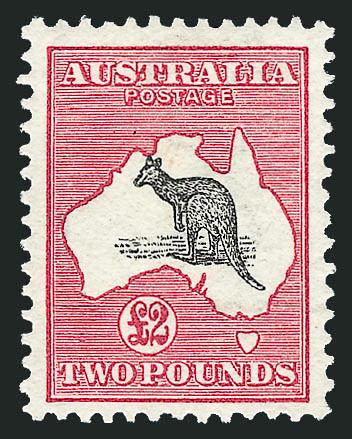 AUSTRALIA, 1913, £2 Kangaroo (15 SG 16).> Original gum, deep rich colors on bright paper, tiny insignificant thin speck, Very Fine appearance, SG £4,000