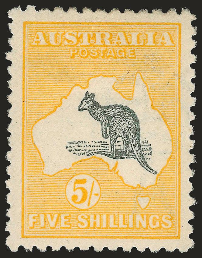 AUSTRALIA, 1915, 5sh Kangaroo (44 SG 30).> Large part original gum, vibrant color, gorgeous centering, light bends at top, Extremely Fine, SG £800