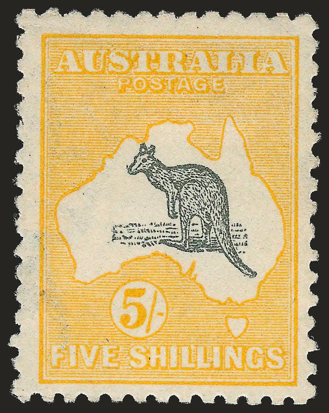 AUSTRALIA, 1915, 5sh Kangaroo (44 SG 30).> Two h.r. at top, vivid color, Very Fine, SG £800