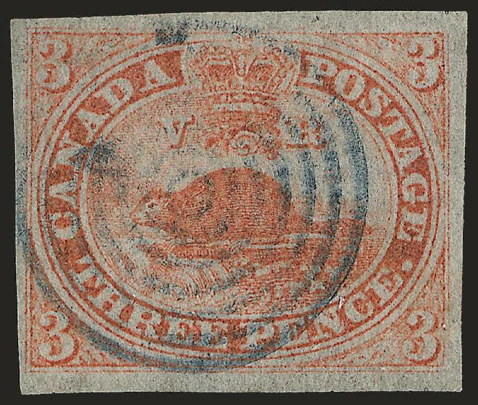 CANADA, 1851, 3p Orange Vermilion, Laid (1 SG 1a).> Ample to huge margins, lovely pastel shade, dark blue seven-ring target cancel, Very Fine and choice, with 1966 P.F. certificate issued to Esty Foster, one of
the pioneers in collecting high qualit