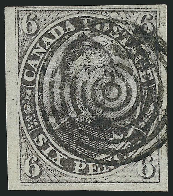 CANADA, 1851, 6p Grayish Purple, Laid (2 SG 3).> Huge margins to clear, rich color, bold strike of target cancel, clear laid lines, fresh and Very Fine, with 1959 Royal certificate, SG £1,300