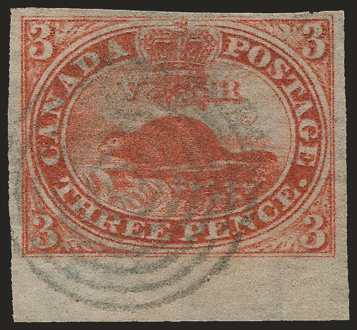 CANADA, 1852-55, 3p Red, Wove and Thin Papers (4, 4a SG 6-7).> Three <sheet margin singles,> No. 4 top (numeral target cancel), No. 4a two bottom sheet margins pos. 90 and 91(seven-ring target cancels, one in
grayish blue), all have ample to huge ma