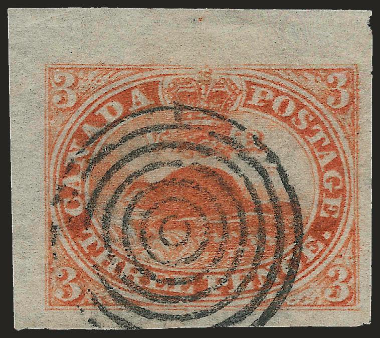 CANADA, 1852-55, 3p Scarlet Vermilion, Thin Paper (4d SG 7).> Large to enormous margins incl. <top left sheet corner,> lovely bright color characteristic of this paper type, clear strike of blue seven-ring
target cancel, Extremely Fine Gem, 3p Beave