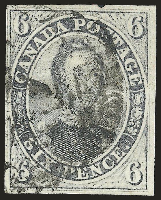 CANADA, 1857, 6p Gray Violet, Thick Hard Paper (5d SG 19).> Clear to large margins, excellent color, cork cancel, Very Fine, signed Juliard, SG £2,000