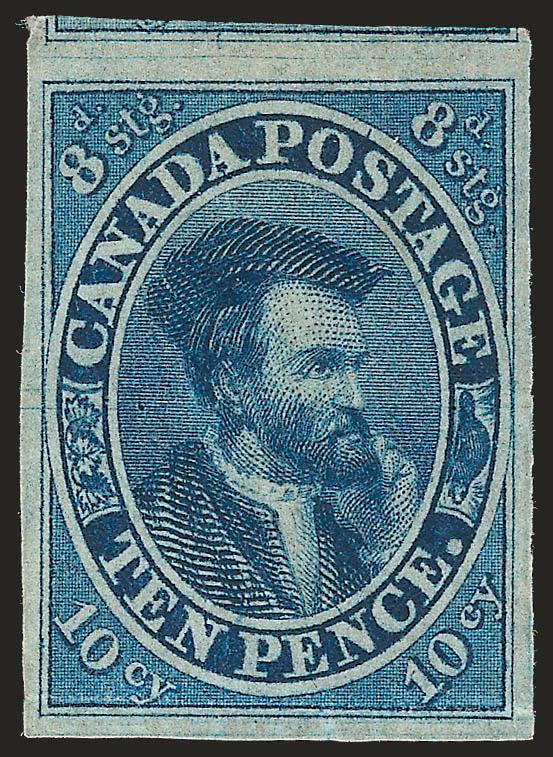CANADA, 1855, 10p Blue (7 SG 15).> Unused (no gum), large to huge margins showing part of adjoining stamp at top, marvelous color and impression, light crease at bottom, Extremely Fine appearance, SG £9,500 as
with gum, Scott Retail as no gum