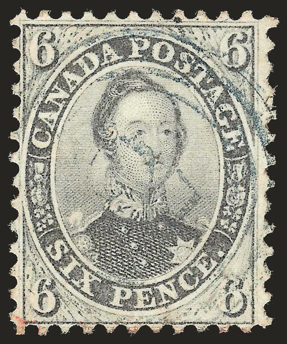 CANADA, 1859, 6p Gray Violet, Perf 12 (13a SG 27a).> Excellent color, light numeral target cancel with a tiny trace of red transit at bottom left, surprisingly well-centered for this challenging stamp<><>^VERY
FINE AND RARE EXAMPLE OF THIS DESIRAB