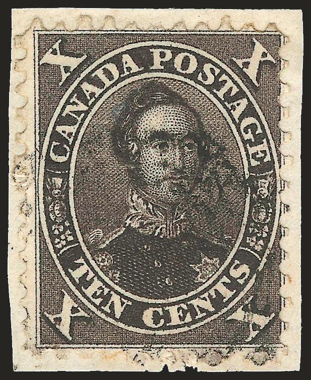 CANADA, 1859, 10c Black Brown (16 SG 33).> Tied on small piece by light strike of target cancel, intense color with detailed impression of the first printing, perfs slightly in, about Fine for this rare First
Decimal Issue shade, SG £1,700