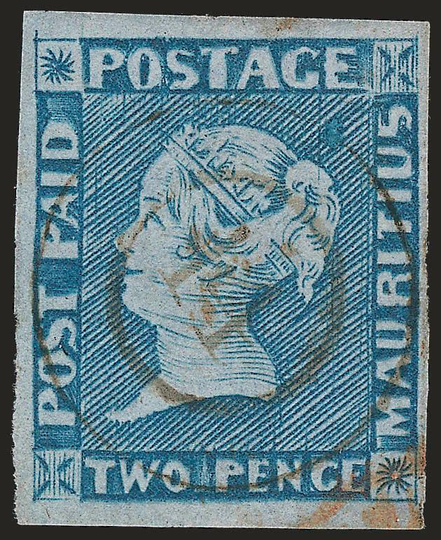 MAURITIUS, 1848, 2p Blue on Bluish Paper, Intermediate Impression (6a SG 14).> Position 9, large margins to full, detailed impression, trace of red cancel at bottom right and also 14 in circle handstamp, tiny
thin spot at top in margin only (not m