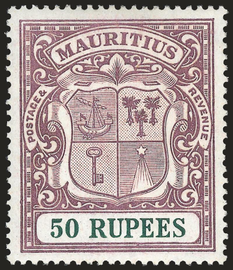 MAURITIUS, 1924, 50r Lilac & Green (200, SG 222).> Lightly hinged, pretty colors on crisp paper, well-balanced margins, Extremely Fine, SG £750