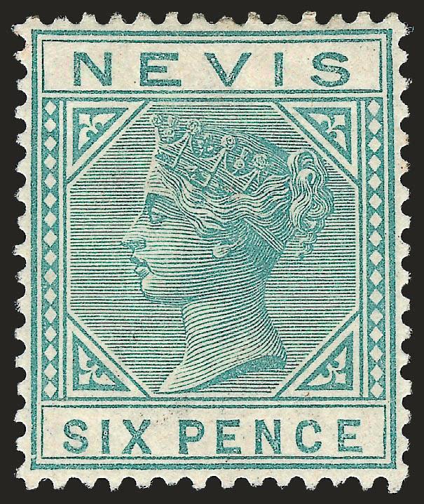 NEVIS, 1882-90, 4p Blue, 6p Green (26, 28 SG 30, 32).> Original gum, extraordinarily well-centered, bright colors, Extremely Fine, the two keys denominations of the set and probably as nicely centered as these
tiny-margined stamps can be found, SG £