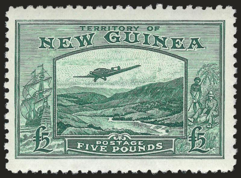 NEW GUINEA, 1935, £2 Violet, £5 Green, Air Post (C44-C45 SG 204-205).> Rich colors, each with three wide margins, Very Fine, SG £875