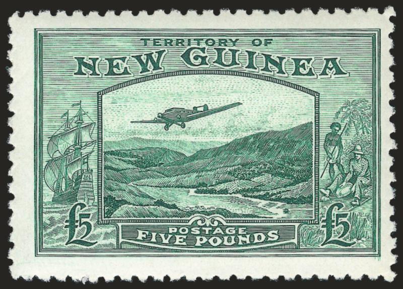 NEW GUINEA, 1935, £2 Violet, £5 Green, Air Post (C44-C45 SG 204-205).> Radiant colors, each with single hinge mark, wide margins, Very Fine, SG £875