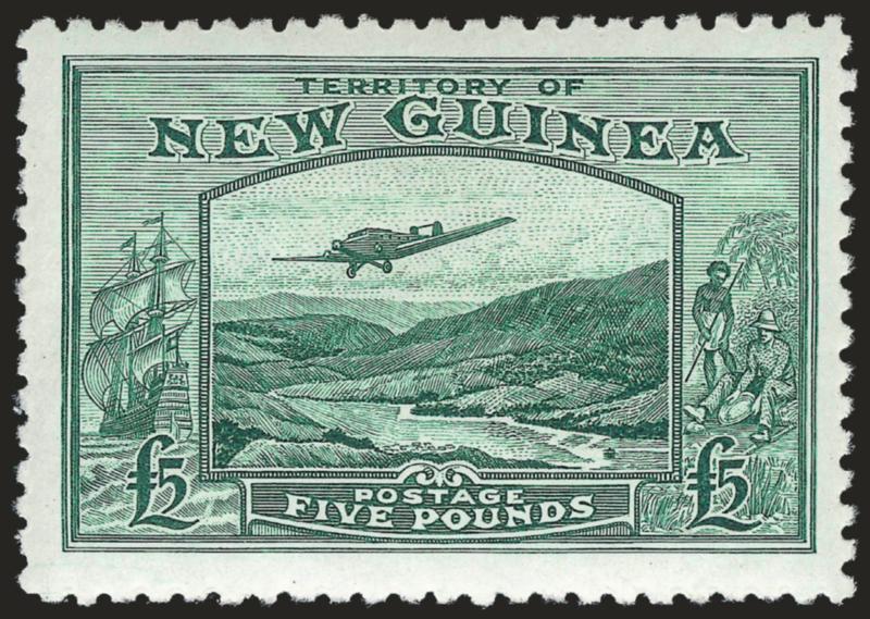 NEW GUINEA, 1935, £2 Violet, £5 Green, Air Post (C44-C45 SG 204-205).> Rich colors, lightly hinged, choice centering, fresh and Very Fine, with 1989 Diena certificate and signed in pencil by him, SG
£875