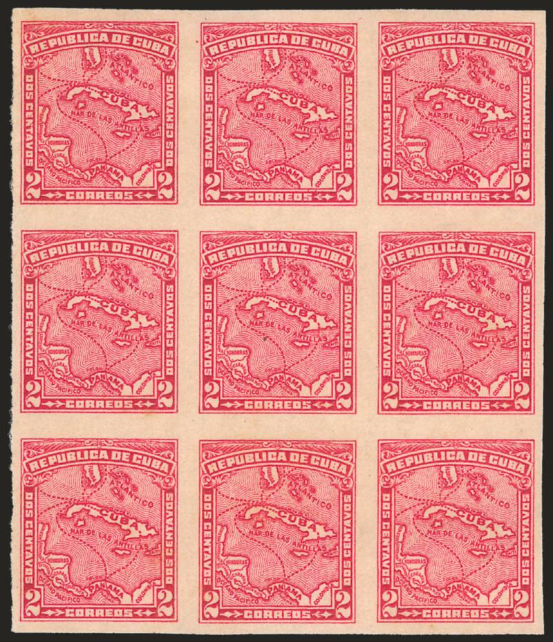 CUBA, 1914-15, 2c Carmine Rose, Imperforate (254 var).> Block of nine, large even margins, natural vertical gum skip, Very Fine and choice