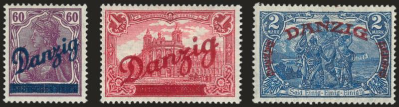 DANZIG, 1920, 60pf-2m Overprints (44, 47, 48).> H.r., bright colors, fresh and Very Fine, signed several times incl. each by Bloch and two by Kruger