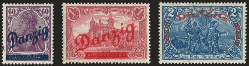 DANZIG, 1920, 60pf-2m Overprints (44, 47, 48).> Bright colors, well-balanced margins, fresh and Very Fine-Extremely Fine, signed Bloch and Richter