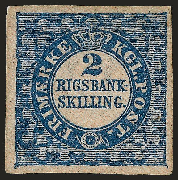 DENMARK, 1851, 2rs Blue (1).> Original gum, lightly hinged, large margins to full, fresh and Very Fine