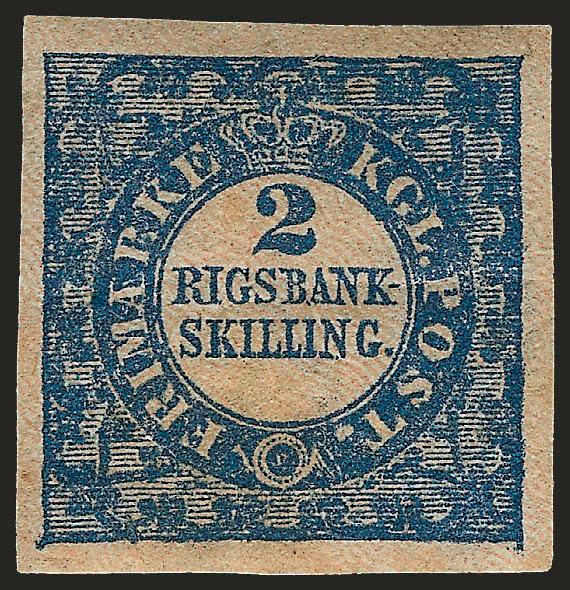 DENMARK, 1851, 2rs Blue (1).> Original gum, large and even margins, few light natural gum bends, some slight toning, otherwise Very Fine, with 1990 Debo certificate