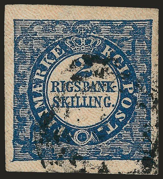 DENMARK, 1851, 2rs Blue (1).> Large and even margins, rich color, bold cancel, Very Fine